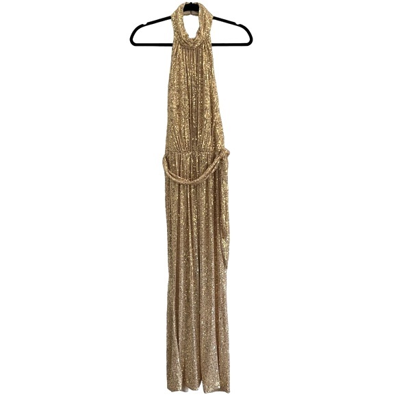 Ieena for Mac Duggal Sequin Halter Neck Sheath Gown gold size 12 - Picture 5 of 12
